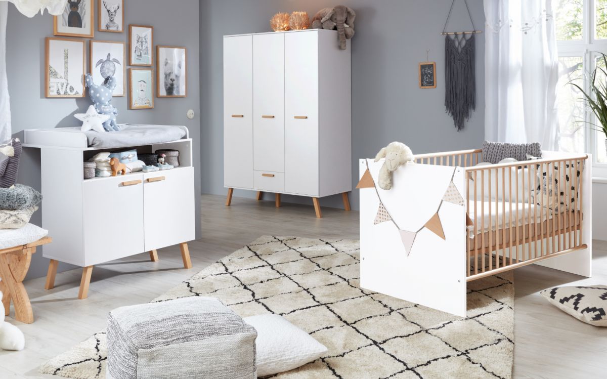 trendteam Babyzimmer Mats Weiß Matt Mit Buche Massiv Komplett Set 3-tlg.