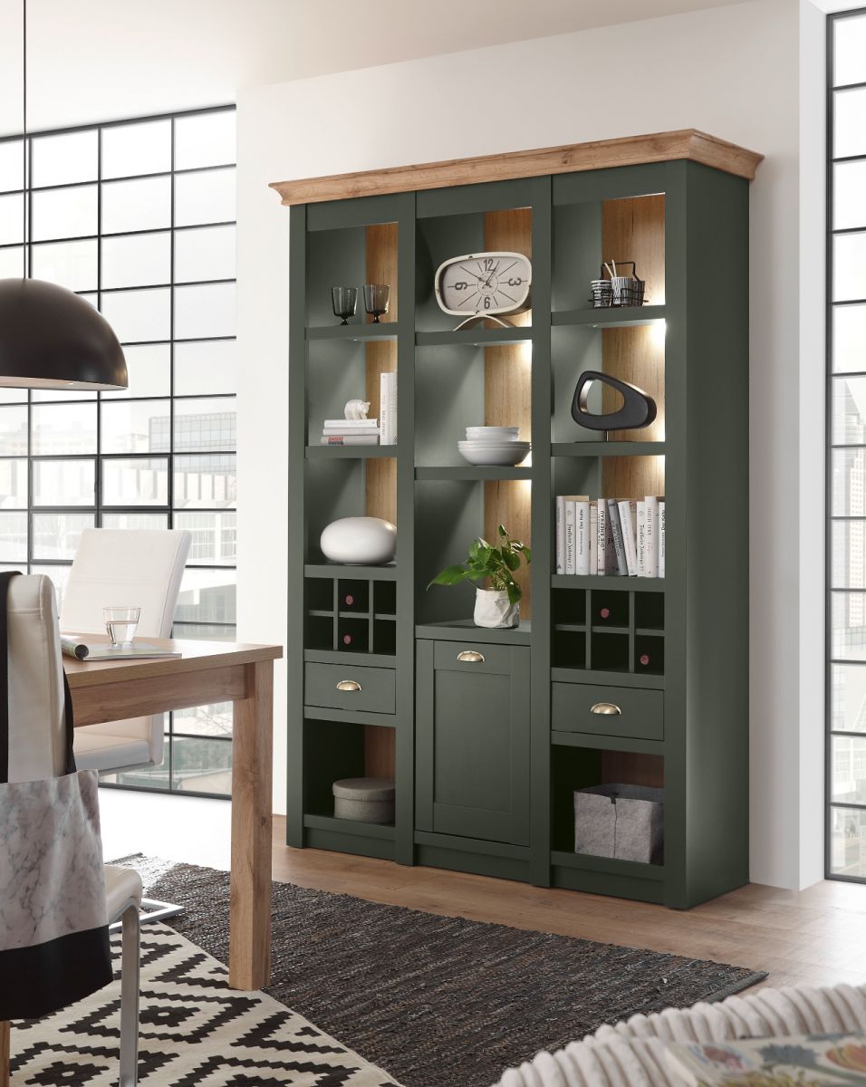 Lomadox Landhaus Wohnwand Set - Englisch Grün Mit Wotan Eiche, Inkl. Beleuchtung