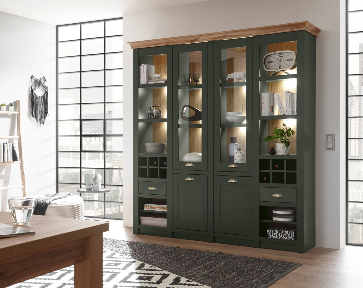 Lomadox Vitrinenschrank Grün Matt Mit Eiche - Inkl. LED-Beleuchtung