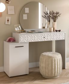 Schminktisch Relief in wei Hochglanz mit 3-D Struktur Kosmetiktisch mit Spiegel 117 cm