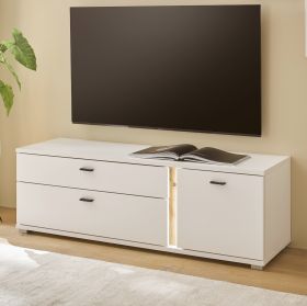 TV-Lowboard Bellport in weiß matt und Wotan Eiche TV Unterschrank inkl. Beleuchtung 150 cm, Soft-Close TV-Lowboard Bellport in weiß matt und Wotan Eiche TV Unterschrank inkl. Beleuchtung 150 cm, Soft-Close