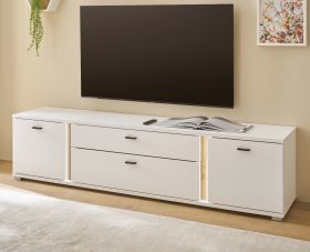 TV-Lowboard Bellport in weiß matt und Wotan Eiche TV Unterteil inklusive Frontbeleuchtung 200 cm TV-Lowboard Bellport in weiß matt und Wotan Eiche TV Unterteil inklusive Frontbeleuchtung 200 cm
