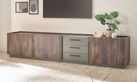 TV-Lowboard Piano in Thermo Eiche und grau XXL TV Unterteil mit Soft-Close 240 x 50 cm