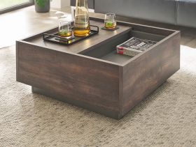 Couchtisch Piano in Thermo Eiche und grau Beistelltisch mit Stauraum 75 x 75 cm Couchtisch Piano in Thermo Eiche und grau Beistelltisch mit Stauraum 75 x 75 cm