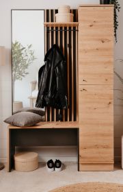 Kompaktgarderobe Madem in Artisan Eiche und Anthrazit mit 3D-Lamellen Garderobe mit Spiegel 122 x 190 cm Kompaktgarderobe Madem in Artisan Eiche und Anthrazit mit 3D-Lamellen Garderobe mit Spiegel 122 x 190 cm