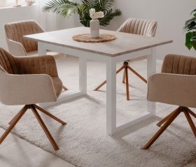 Esstisch Visby in weiß und Sandstein Küchentisch ausziehbar 120 / 160 x 80 cm Esstisch Visby in weiß und Sandstein Küchentisch ausziehbar 120 / 160 x 80 cm