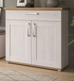 Schuhschrank Mirano in weiß Lärche und Eiche Artisan Landhaus Flurkommode 95 cm Schuhschrank Mirano in weiß Lärche und Eiche Artisan Landhaus Flurkommode 95 cm