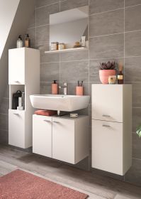 Badmöbel Set 4-teilig Lowell in weiß Badkombination hängend / stehend 137 x 186 cm Badmöbel Set 4-teilig Lowell in weiß Badkombination hängend / stehend 137 x 186 cm