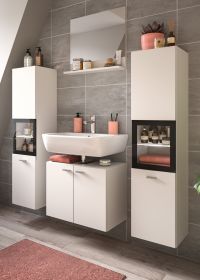 Badmöbel Set 4-teilig Lowell in weiß und schwarz Badkombination hängend / stehend 137 x 186 cm Badmöbel Set 4-teilig Lowell in weiß und schwarz Badkombination hängend / stehend 137 x 186 cm