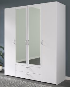 Kleiderschrank Enjour in weiß Drehtürenschrank 4-türig mit Spiegel 160 x 185 cm Kleiderschrank Enjour in weiß Drehtürenschrank 4-türig mit Spiegel 160 x 185 cm