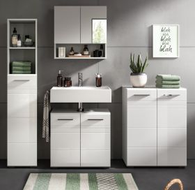 Badmöbel Set 4-teilig Carlo in weiß Hochglanz und grau Badkombination mit Soft-Close 155 cm Badmöbel Set 4-teilig Carlo in weiß Hochglanz und grau Badkombination mit Soft-Close 155 cm