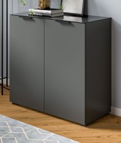 Kommode Riano in grau mit Glasauflage Sideboard 90 cm, Soft-Close-Funktion Kommode Riano in grau mit Glasauflage Sideboard 90 cm, Soft-Close-Funktion