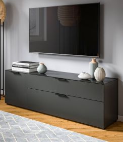 TV-Lowboard Riano in grau mit Glasauflage TV Unterteil 160 cm, Soft-Close-Funktion TV-Lowboard Riano in grau mit Glasauflage TV Unterteil 160 cm, Soft-Close-Funktion