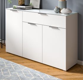 Kommode Riano in weiß mit Glasauflage Sideboard 135 cm, Soft-Close-Funktion Kommode Riano in weiß mit Glasauflage Sideboard 135 cm, Soft-Close-Funktion