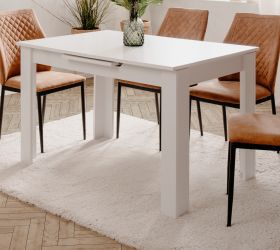 Esstisch Finham in weiß Tisch mit Liftauszug 125 / 165 x 80 Esstisch Finham in weiß Tisch mit Liftauszug 125 / 165 x 80