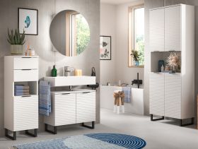 Badmöbel Set 4-teilig Roove in weiß mit 3D-Wellenstruktur Badkombination, Soft-Close-Funktion Badmöbel Set 4-teilig Roove in weiß mit 3D-Wellenstruktur Badkombination, Soft-Close-Funktion