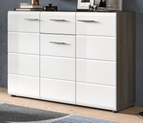 Sideboard Rumba in weiß Hochglanz und Rauchsilber grau Kommode 120 x 85 cm Sideboard Rumba in weiß Hochglanz und Rauchsilber grau Kommode 120 x 85 cm