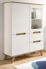 Highboard Hygge in weiß und Nox Eiche Vitrine skandinavisch 100 x 140 cm, Soft-Close Highboard Hygge in weiß und Nox Eiche Vitrine skandinavisch 100 x 140 cm, Soft-Close