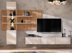 Wohnwand Laelia in Sand matt und Artisan Eiche 280 cm Schrankwand inklusive LED Beleuchtung, Push-to-Open Wohnwand Laelia in Sand matt und Artisan Eiche 280 cm Schrankwand inklusive LED Beleuchtung, Push-to-Open
