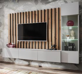 Wohnwand Pearl in grau und Artisan Eiche Schrankwand 220 cm inklusive LED Beleuchtung, Push-to-Open Wohnwand Pearl in grau und Artisan Eiche Schrankwand 220 cm inklusive LED Beleuchtung, Push-to-Open