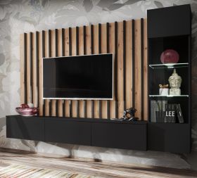 Wohnwand Pearl in schwarz und Artisan Eiche Schrankwand 220 cm inklusive LED Beleuchtung, Push-to-Open Wohnwand Pearl in schwarz und Artisan Eiche Schrankwand 220 cm inklusive LED Beleuchtung, Push-to-Open