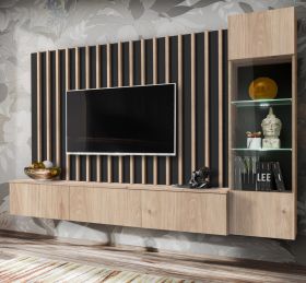 Wohnwand Pearl in Jackson Eiche und schwarz Schrankwand 220 cm inklusive LED Beleuchtung, Push-to-Open Wohnwand Pearl in Jackson Eiche und schwarz Schrankwand 220 cm inklusive LED Beleuchtung, Push-to-Open