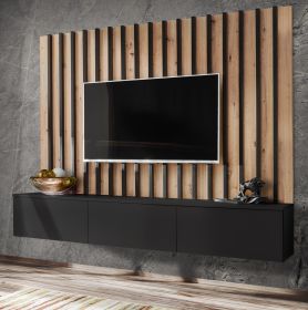 TV-Lowboard Set Pearl in schwarz und Artisan Eiche TV Unterteil mit Akustikpaneele 180 cm, Push-to-Open TV-Lowboard Set Pearl in schwarz und Artisan Eiche TV Unterteil mit Akustikpaneele 180 cm, Push-to-Open
