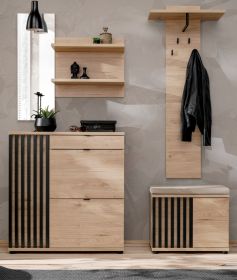 Garderobe Set 4-teilig Collin in Jackson Eiche und schwarz Garderobenkombination mit 3-D Lamellen Garderobe Set 4-teilig Collin in Jackson Eiche und schwarz Garderobenkombination mit 3-D Lamellen