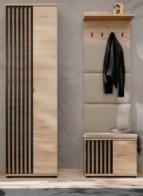 Garderobe Set 3-teilig Collin in Jackson Eiche und schwarz Garderobenkombination mit 3-D Lamellen Garderobe Set 3-teilig Collin in Jackson Eiche und schwarz Garderobenkombination mit 3-D Lamellen