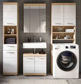 Badmöbel Set 4-teilig Mambo in weiß Hochglanz und Sonoma Eiche Badkombination 190 x 191 cm Badmöbel Set 4-teilig Mambo in weiß Hochglanz und Sonoma Eiche Badkombination 190 x 191 cm