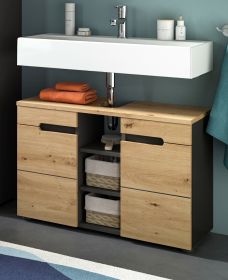 Waschbeckenunterschrank Cooper in Artisan Eiche und grau Badschrank 80 cm, Soft-Close Waschbeckenunterschrank Cooper in Artisan Eiche und grau Badschrank 80 cm, Soft-Close