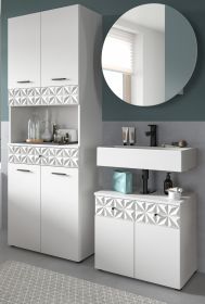 Badmöbel Set 3-teilig Relief in weiß Hochglanz mit 3-D Struktur Badkombination 155 cm Badmöbel Set 3-teilig Relief in weiß Hochglanz mit 3-D Struktur Badkombination 155 cm