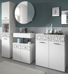 Badmöbel Set 4-teilig Relief in weiß Hochglanz mit 3-D Struktur Badkombination 205 cm Badmöbel Set 4-teilig Relief in weiß Hochglanz mit 3-D Struktur Badkombination 205 cm