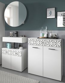 Badmöbel Set 3-teilig Relief in weiß Hochglanz mit 3-D Struktur Badkombination 155 cm Badmöbel Set 3-teilig Relief in weiß Hochglanz mit 3-D Struktur Badkombination 155 cm