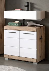 Waschbeckenunterschrank Willow in wei Hochglanz und Nox Eiche Badschrank 60 cm