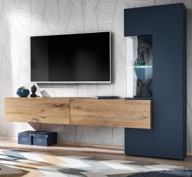 Wohnwand Azuro in Zinneiche und blau Schrankwand 210 cm inklusive LED Beleuchtung, Push-to-Open Wohnwand Azuro in Zinneiche und blau Schrankwand 210 cm inklusive LED Beleuchtung, Push-to-Open
