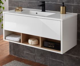 Waschbeckenunterschrank MIT Waschbecken Glide in weiß Hochglanz und Eiche 100 cm Waschbeckenunterschrank MIT Waschbecken Glide in weiß Hochglanz und Eiche 100 cm
