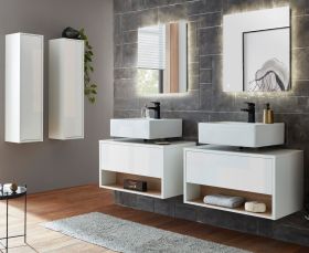 Badmbel Set 6-teilig Glide in wei Hochglanz und Eiche mit LED Beleuchtung 250 x 190 cm