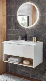 Badmbel Set Glide in wei Hochglanz und Eiche mit Waschbecken und LED Beleuchtung 80 x 190 cm