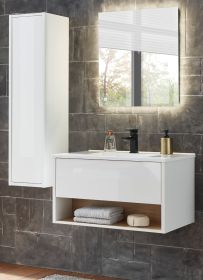 Badmbel Set Glide in wei Hochglanz und Eiche mit Waschbecken und LED Beleuchtung 120 x 190 cm