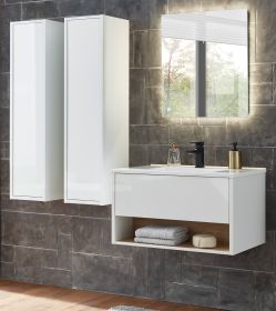 Badmbel Set Glide in wei Hochglanz und Eiche mit Waschbecken und LED Beleuchtung 160 x 190 cm