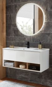 Badmbel Set Glide in wei Hochglanz und Eiche mit Waschbecken und LED Beleuchtung 100 x 190 cm