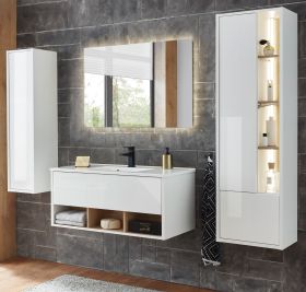 Badmbel Set Glide in wei Hochglanz und Eiche mit Waschbecken und LED Beleuchtung 195 x 190 cm