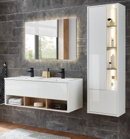 Badmöbel Set Glide in weiß Hochglanz und Eiche mit Doppelwaschbecken und LED Beleuchtung 175 x 190 cm Badmöbel Set Glide in weiß Hochglanz und Eiche mit Doppelwaschbecken und LED Beleuchtung 175 x 190 cm