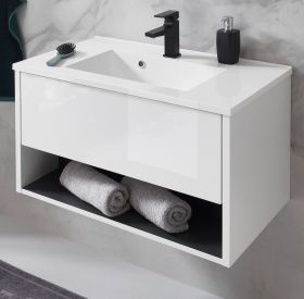 Waschbeckenunterschrank MIT Waschbecken Glide in weiß Hochglanz und grau 80 cm Waschbeckenunterschrank MIT Waschbecken Glide in weiß Hochglanz und grau 80 cm