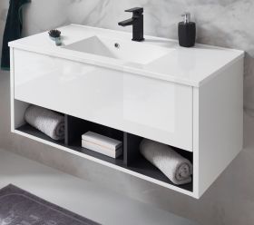 Waschbeckenunterschrank MIT Waschbecken Glide in weiß Hochglanz und grau 100 cm Waschbeckenunterschrank MIT Waschbecken Glide in weiß Hochglanz und grau 100 cm