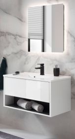 Badmbel Set Glide in wei Hochglanz und grau mit Waschbecken und LED Beleuchtung 80 x 190 cm