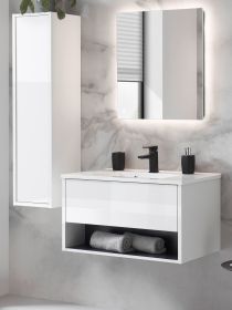 Badmbel Set Glide in wei Hochglanz und grau mit Waschbecken und LED Beleuchtung 120 x 190 cm