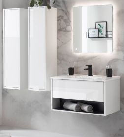 Badmbel Set Glide in wei Hochglanz und grau mit Waschbecken und LED Beleuchtung 160 x 190 cm