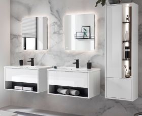 Badmbel Set Glide in wei Hochglanz und grau mit Waschbecken und LED Beleuchtung 225 x 190 cm